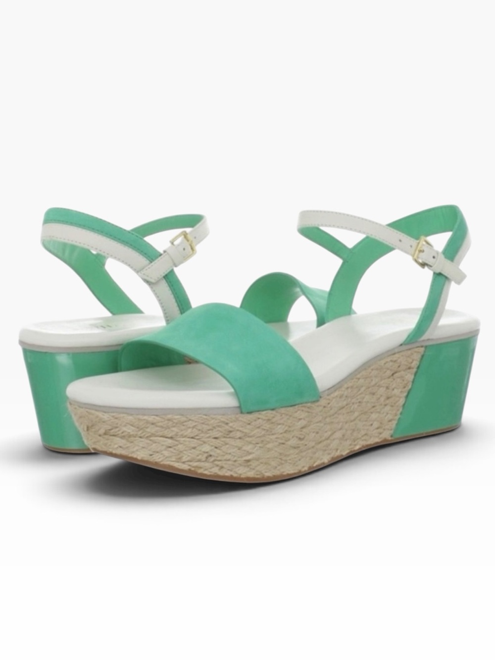 Cole Haan Green & White Leather Platform Espadrille Wedge Arden Sandal Size 7